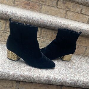 Black Suede Ankle Booties with Gold Block Heel